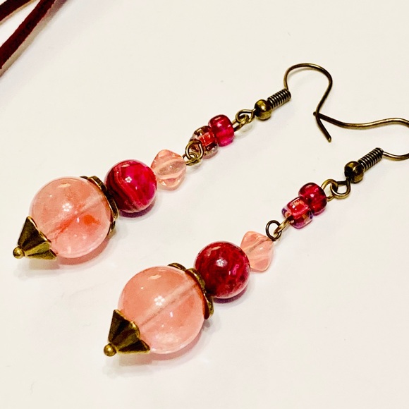 Dark Pink Mauve Rhodonite Stone Necklace & Cherry Quartz Zinfandel Earrings BOHO - Picture 15 of 15